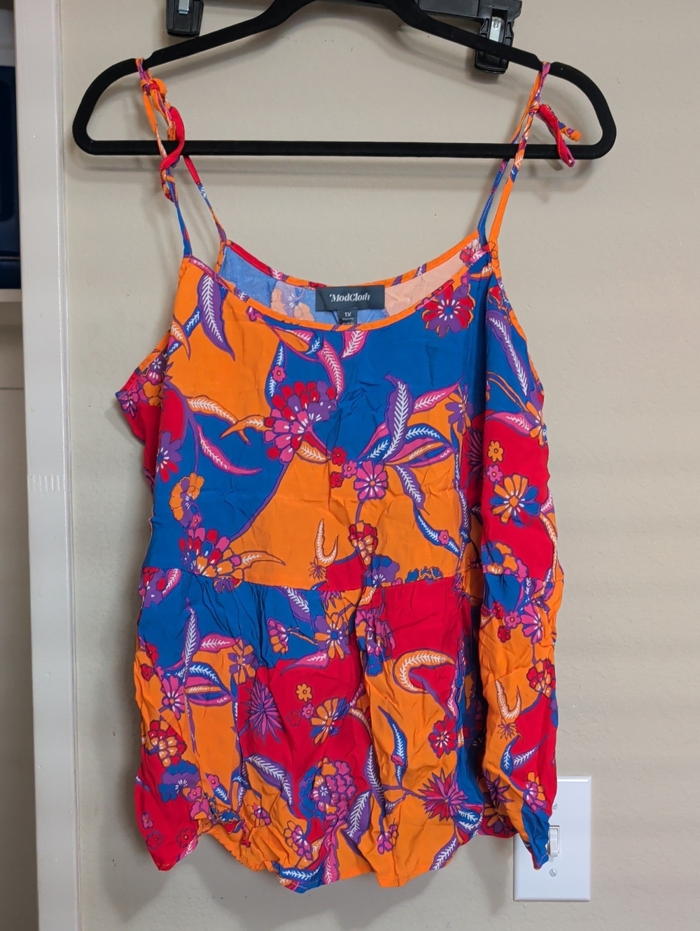 Modcloth colorblock floral tie-strap camisole in orange, blue & pink